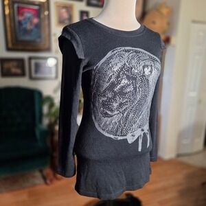 Sugar Lips 100% Wool Black Long Sleeve Graphic Knit Top Rhinestone Detail Tee